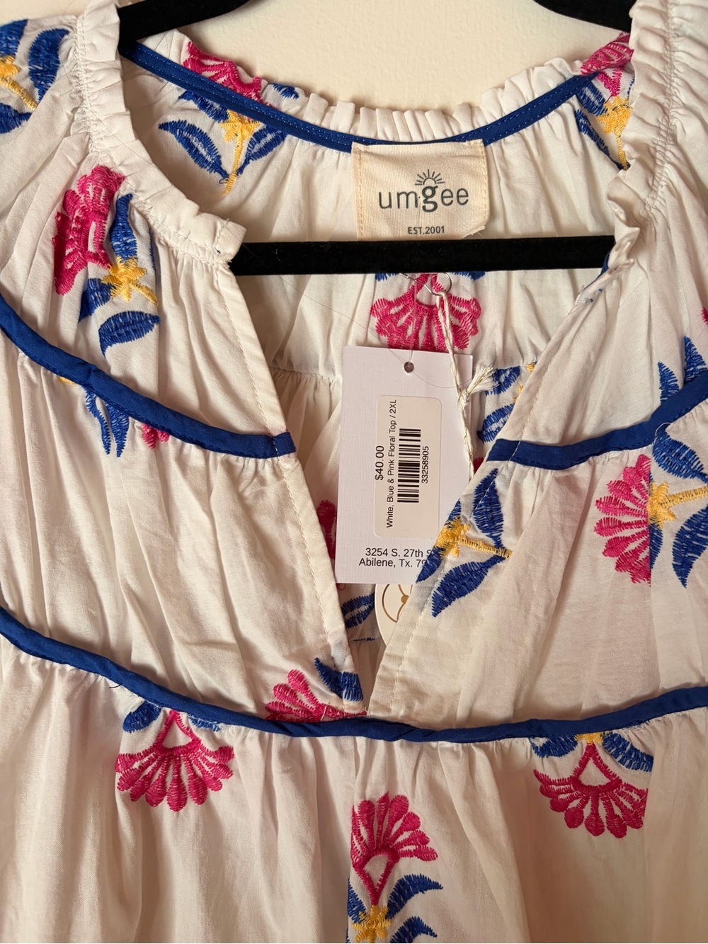 Umgee White Embroidered Puff Sleeve Top with Blue & Pink Accents - Picture 3 of 4